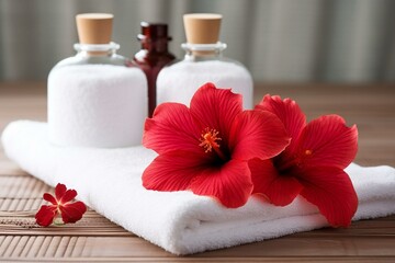 Spa essentials with hibiscus flower on white towels. Generative AI
