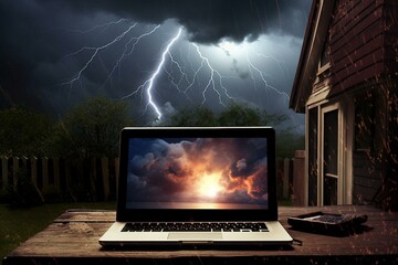 Impending storm over laptop, lightning and thunder, computer crash, bad news ahead. Generative AI - obrazy, fototapety, plakaty