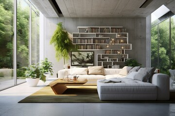 3D living room with polished concrete wall, white floors, and garden views. Generative AI