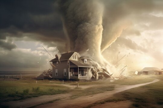 A house being ruined by a forceful tornado. Generative AI