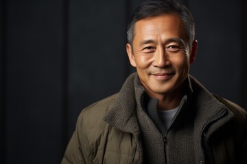 Obraz premium Portrait of a Chinese man in his 50s in an abstract background wearing a chic cardigan