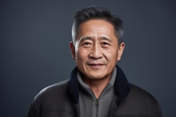 Portrait of a Chinese man in his 50s in an abstract background wearing a chic cardigan