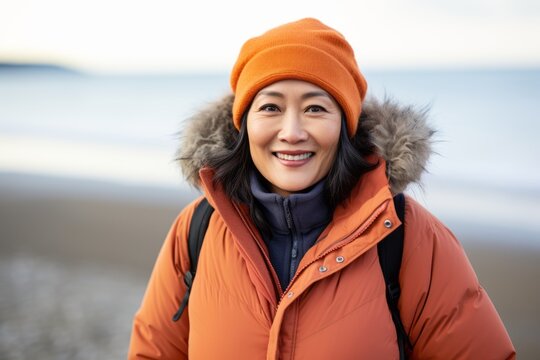 portrait of smiling asian woman in winter jacket and hat on beach