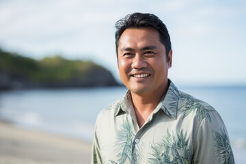 Portrait of smiling asian man standing on beach in the sunshine