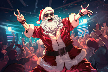 Santa claus dancing at a rave party, manga style comic