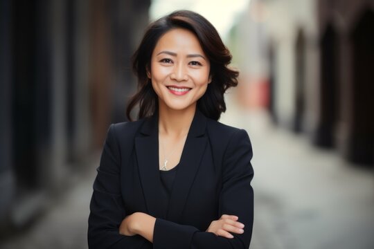 Portrait of a Indonesian woman in her 40s in an abstract background wearing a classic blazer