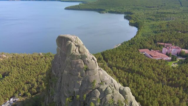 Blue Bay, lagoon in the mountains.Turquoise reservoirs on mountain peaks.Burabai National Park in Kazakhstan.The mountain range of Mount Sinyukha.A tourist trip. Flying on a mountain peak,drone. lake