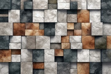 A textured, polished wall with natural stone tiles. 3D rendered wallpaper with square stone blocks. Generative AI
