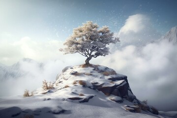 A tree on a snowy peak. Made with tech. Generative AI