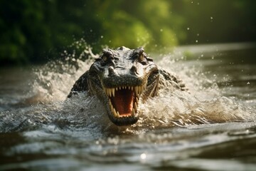 Self-taken photo of alligator swimming upstream in a fast stream. Generative AI - obrazy, fototapety, plakaty