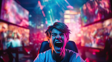 Obraz premium Professional eSports young boy gamer rejoices in the victory. Generative Ai