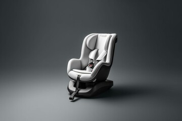 Monochrome 3d render of a child car seat isolated on blue background with shadow. Represents child safety, protection and safe driving. Generative AI