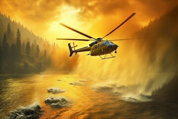 Fototapeta na wymiar Helicopters dumping water on forest fires. Generative AI