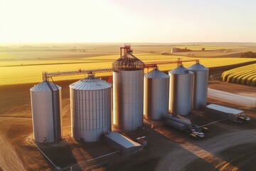 Bird's-eye view of ventilated silos and metal elevator in agricultural area for long-term grain and oilseed storage. Generative AI - obrazy, fototapety, plakaty