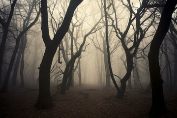 Eerie foggy woods with tree shadows. Perfect for Halloween. Generative AI