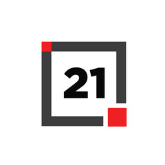 21 number with a gray square icon. 21 number monogram.