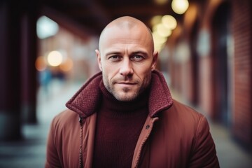 Medium shot portrait of a Russian man in his 30s in an abstract background wearing a chic cardigan
