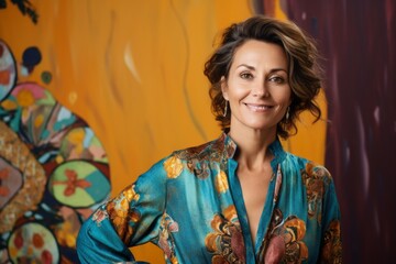 Fototapeta premium Portrait of a Russian woman in her 40s in an abstract background wearing a chic cardigan