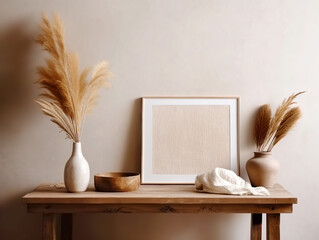 Wooden frame with blank canvas and vase with pampas grass on aged vintage table near beige wall with copy space. Boho, rustic home interior design of retro living room in farmhouse.