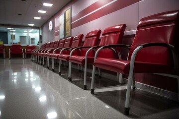 Red chairs for storing documents at hospital reception. Generative AI