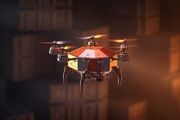 Fototapeta na wymiar Drone delivers box. Mockup. Generative AI