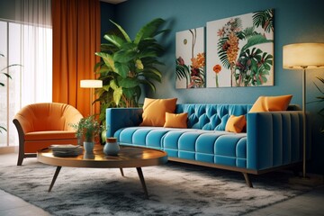 Create a vibrant and trendy living room with a bright couch and background using 3D rendering. Generative AI