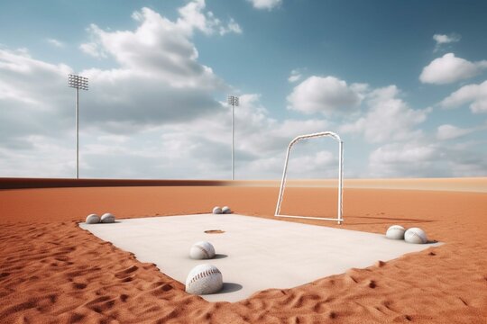 White base on angled baseball field with dugout in background. Generative AI