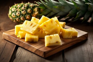 Freshly diced pineapple on a rustic wooden surface. Generative AI