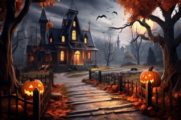 Fototapeta na wymiar Trick or treat along spooky path with graveyard and eerie mansion. Generative AI
