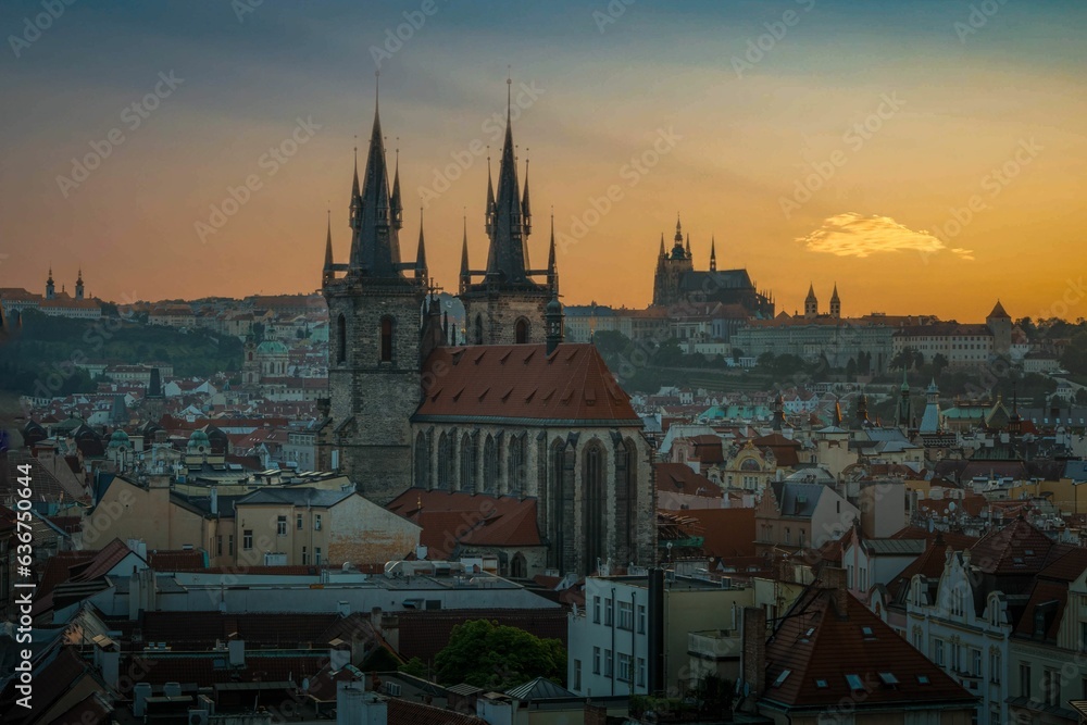 Canvas Prints Aerial view of the cityscape of Prague at sunset in Czechia