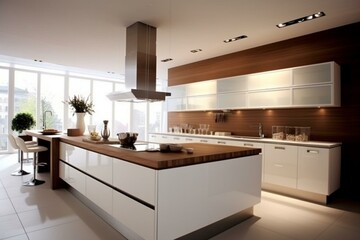 Fototapeta na wymiar Contemporary kitchen in white and brown. Generative AI
