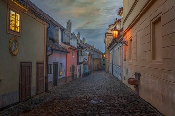 Scenic view of colorful houses of Golden lane in Prague, Czechia at sunset