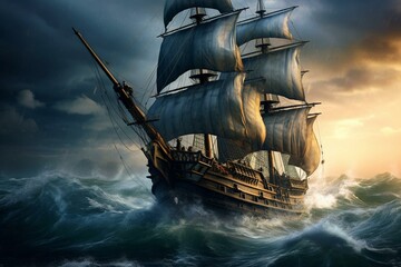 Sail on a stormy sea with a pirate ship. Generative AI
