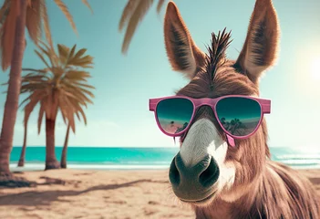 Foto op Canvas A funny donkey in sunglasses and a hat walks merrily against the backdrop of a seascape with palm trees. AI Generated ©  iiulia