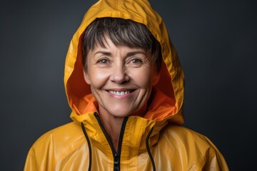 Portrait of a Russian woman in her 50s in an abstract background wearing a lightweight windbreaker