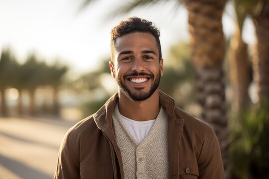 Portrait of a Saudi Arabian man in his 20s in a beach background wearing a chic cardigan