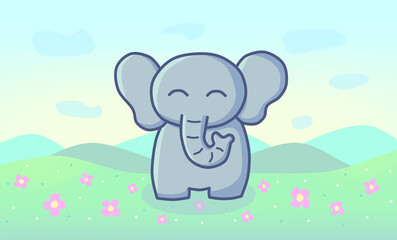 Elefante kawaii en un campo de flores