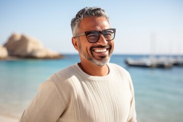 Portrait of smiling mature man with eyeglasses on the beach