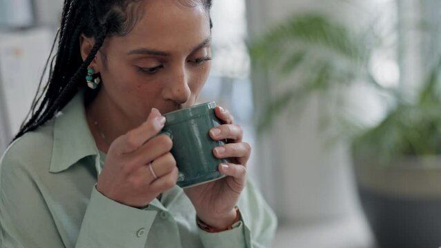 Coffee, drink and business woman typing on laptop or planning, research and writing seo content for digital marketing. Computer, report and drinking or working in communication on internet or website