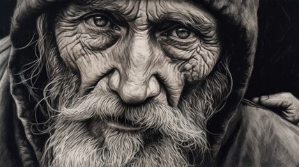 pen and ink drawing homeless man.Generative AI