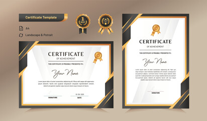 Black and gold certificate of achievement template set with black badge and border. For award, business, and education needs. Vector Illustration