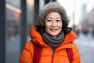 Portrait of a smiling middle-aged woman in winter clothes in the city