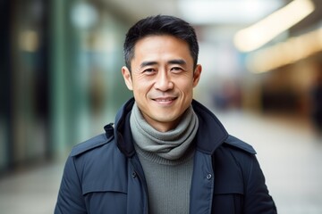 Portrait of a Chinese man in his 40s in a modern architectural background wearing a chic cardigan