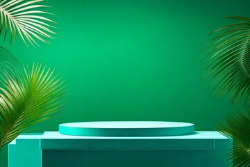 Turquoise podium with palm leaves on green background. Minimal scene