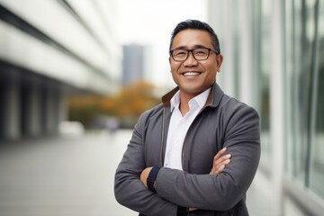 Fototapeta premium Portrait of a smiling asian businessman standing outside with arms crossed