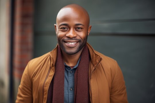 Medium shot portrait of a Nigerian man in his 40s in an abstract background wearing a chic cardigan