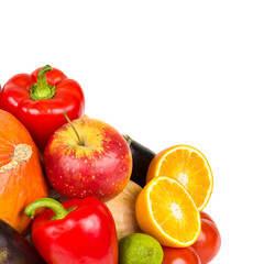 Warious vegetables and fruits isolated on white . Free space for text.