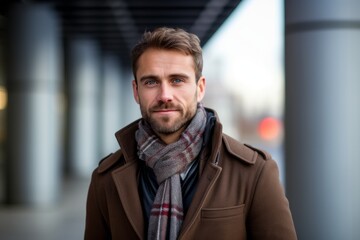 Portrait of a handsome young man wearing coat and scarf in the city