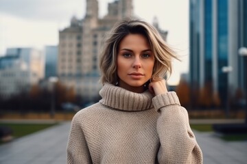 Outdoor portrait of a beautiful young woman in a warm sweater.