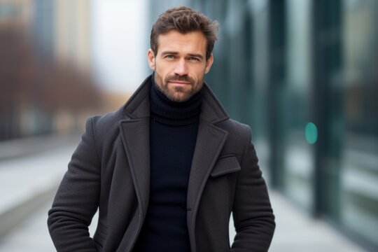 Portrait of a handsome man in a black coat on the street